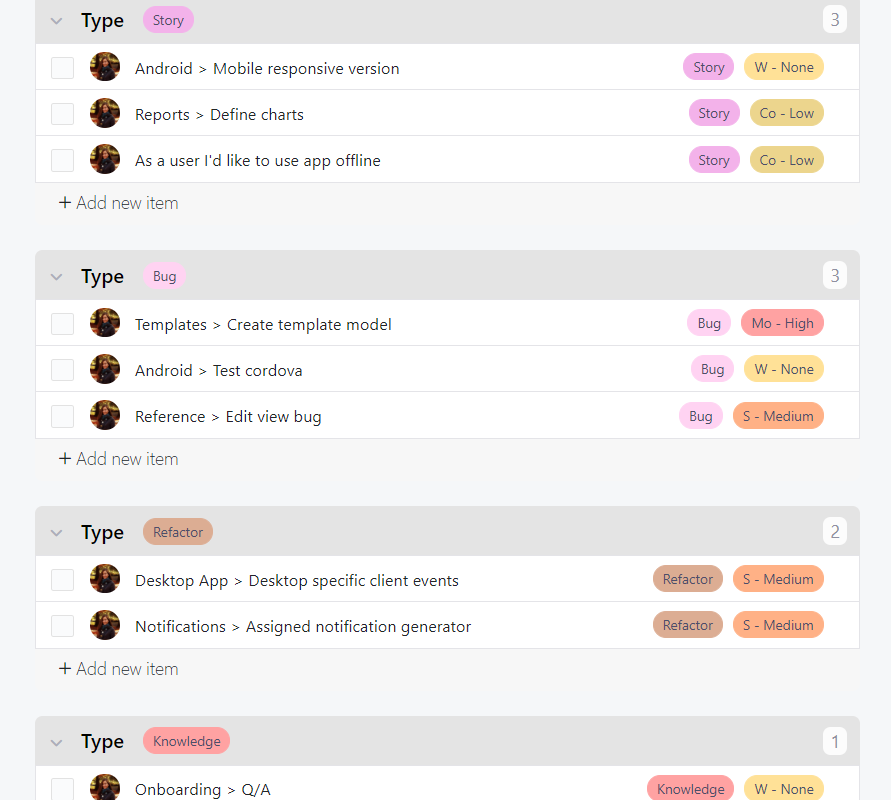 Product backlog in Infinity grouped by task types