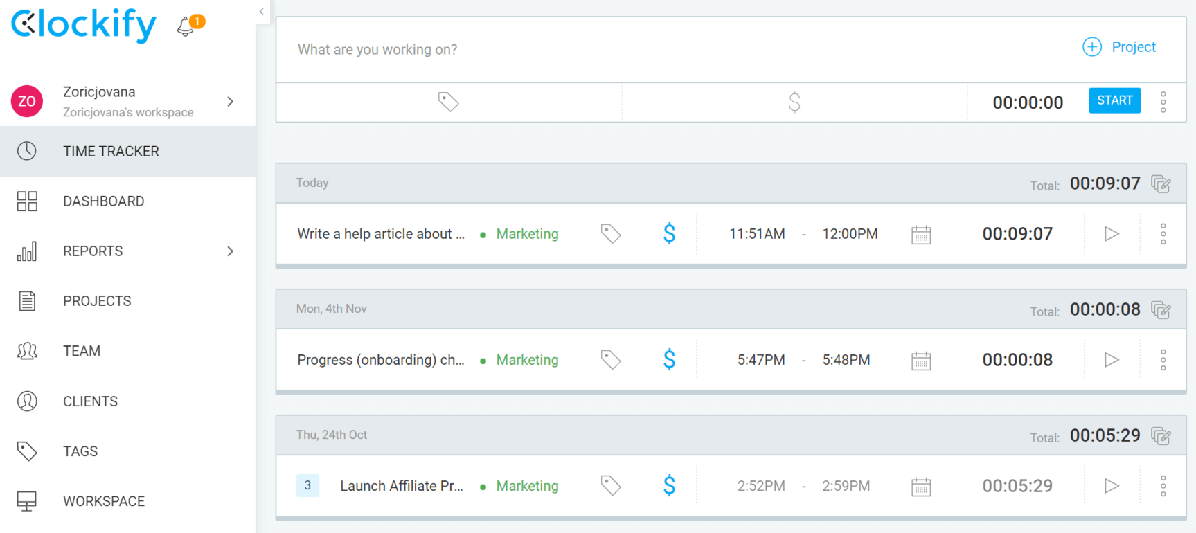 Clockify Dashboard